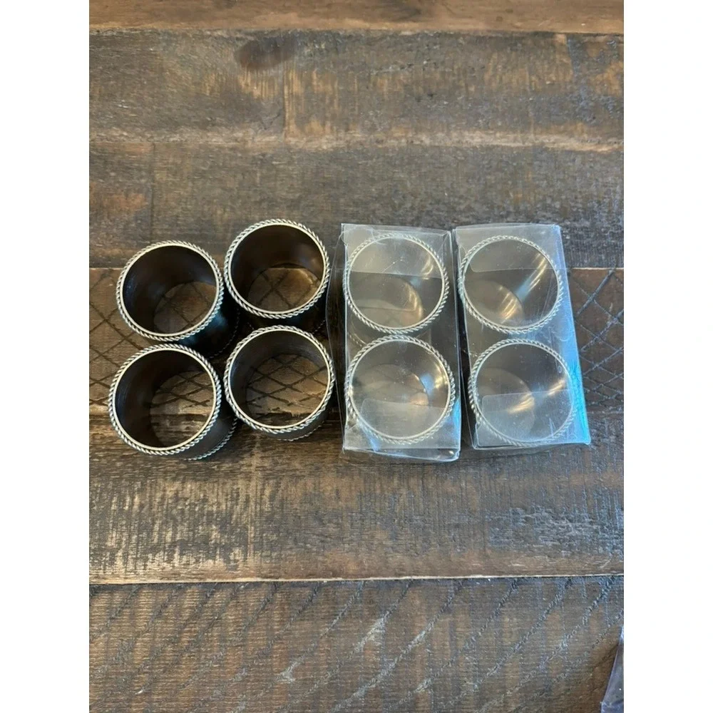 Napkin Ring Set 8 Silver Brushed Metal Braided Rope Trim Barrel Shape
